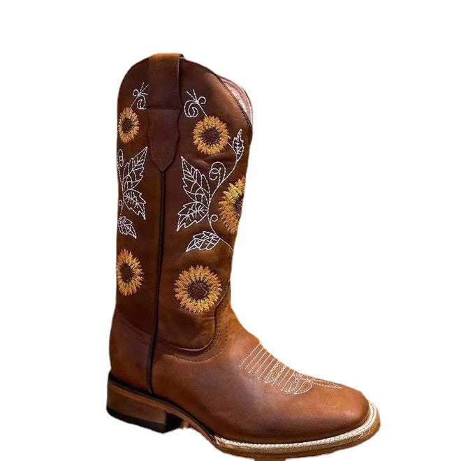 Damen Cowboy-Stiefel mit floralem Stickdesign und robustem Blockabsatz Drune