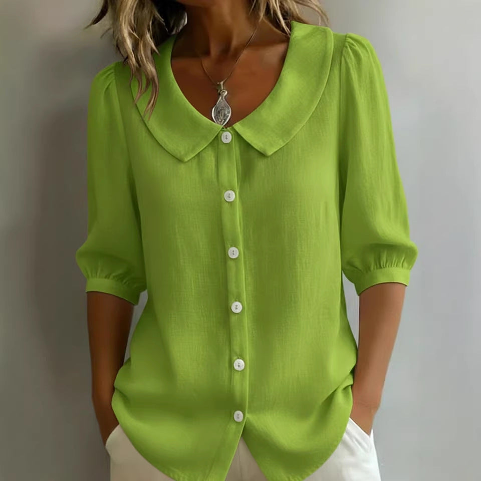 Damen Elegante Bluse mit großem Kragen und Knopfleiste Drune