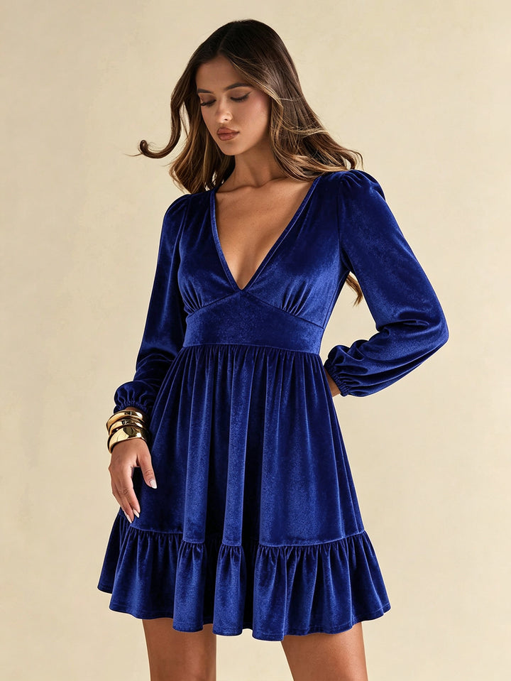Damen elegantes Samt-Stufenminikleid mit tiefem V-Ausschnitt, taillierter Empire-Passe und voluminösen Ballonärmeln Drune