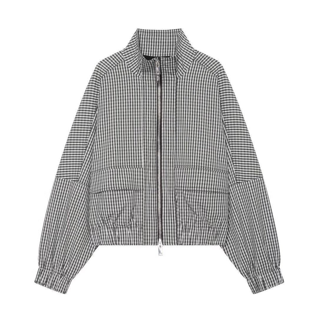 Damen Kariertes Cropped-Blouson mit Stehkragen, Reißverschluss und elastischem Saum Drune