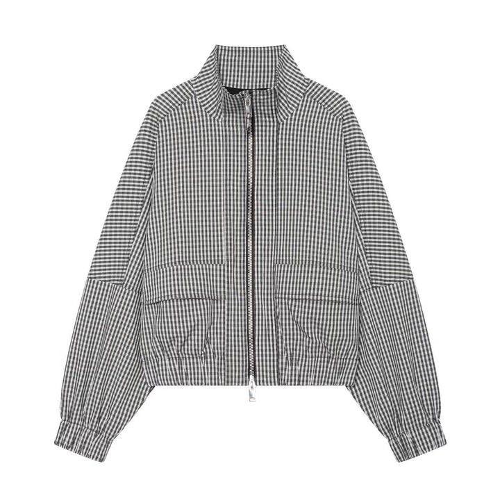 Damen Kariertes Cropped-Blouson mit Stehkragen, Reißverschluss und elastischem Saum Drune