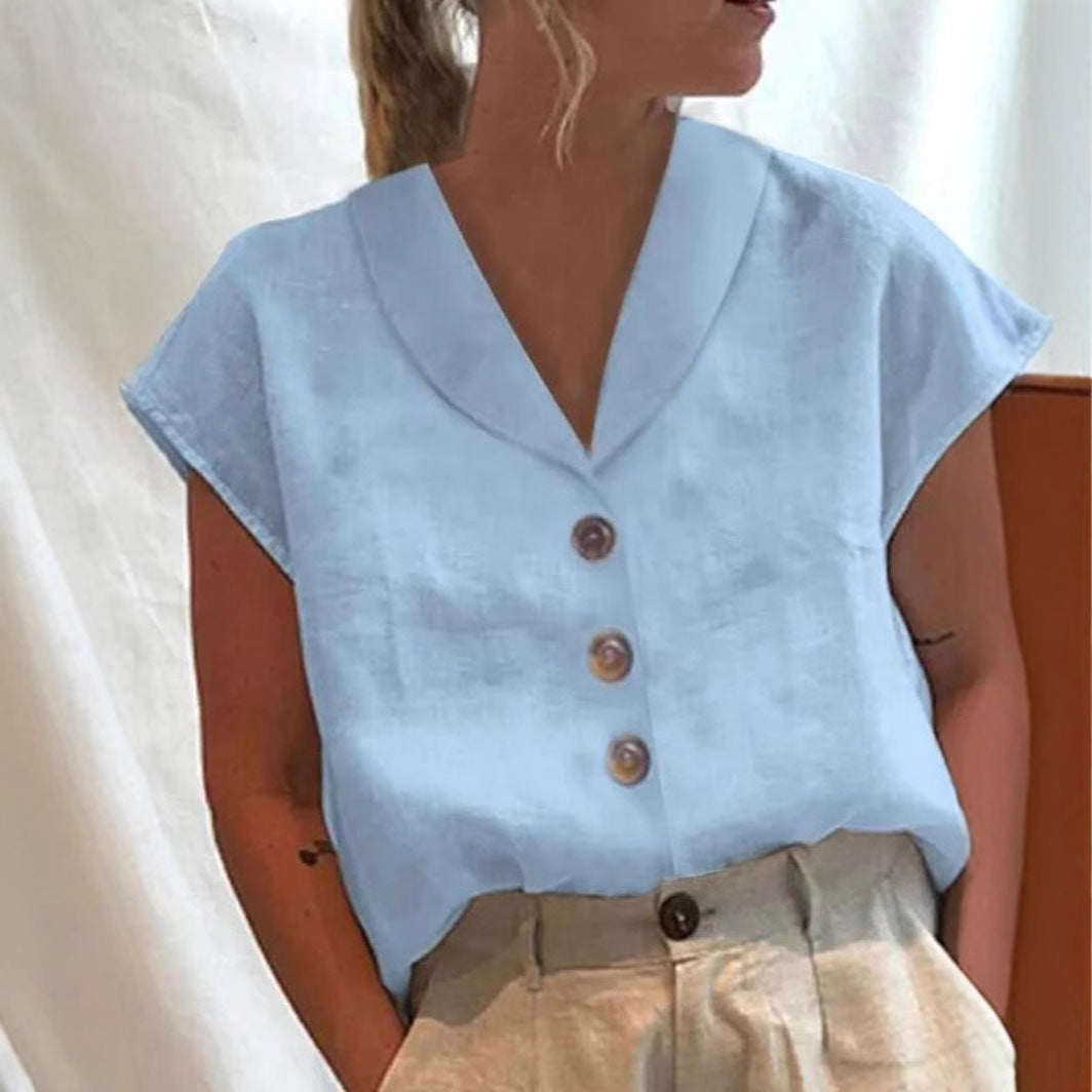Damen nan luftige Leinenbluse mit weitem V-Kragen, überschnittener Schulter und Zierknopfleiste Drune