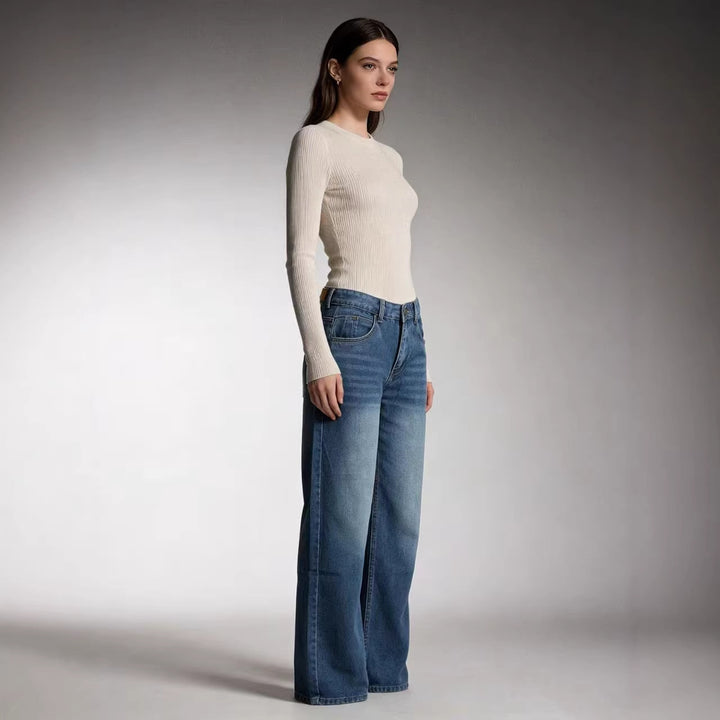 Damen nan hochgeschnittene Weitbein-Jeans mit tonaler Seitennaht und verwaschenem Verlauf Drune