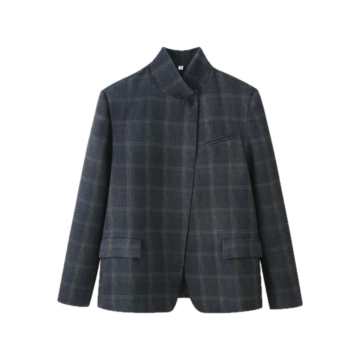 Damen Karierter Kurzblazer mit Stehkragen und Pattentaschen Drune