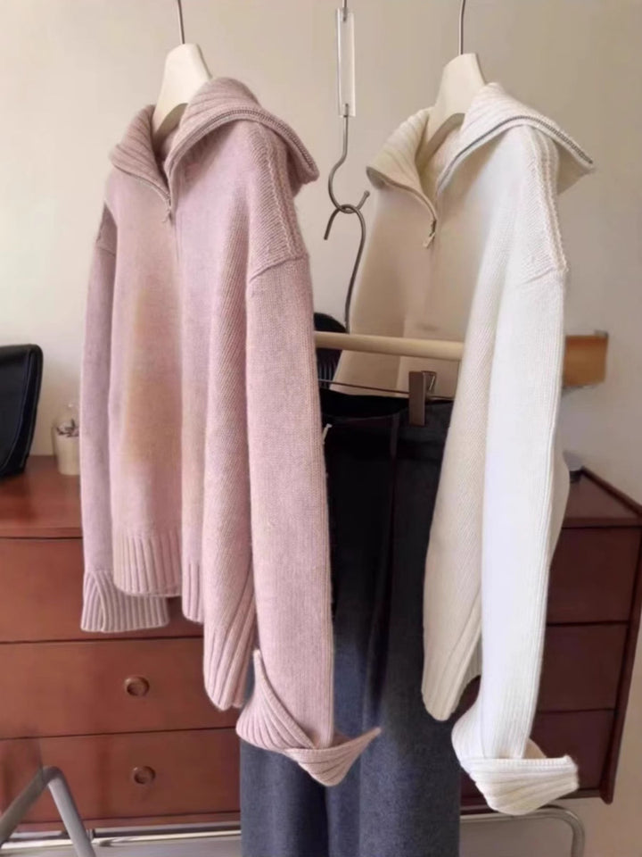 Damen Oversize Feinstrickpullover mit halbem Reißverschluss und weitem Rollkragen Drune