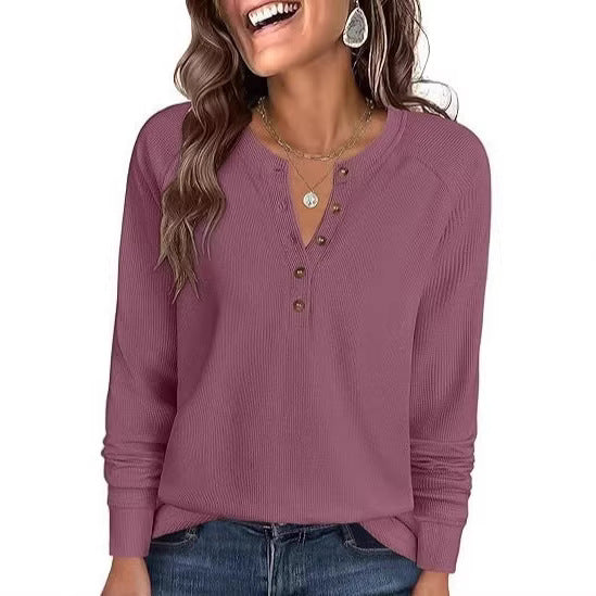 Damen Waffelstrick-Henley-Longsleeve mit Knopfleiste, Raglanärmeln und gerippten Bündchen Drune