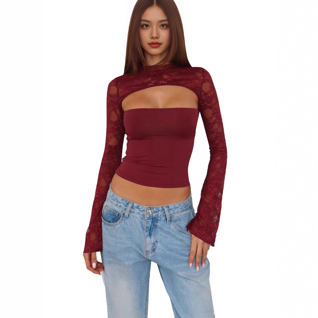 Damen Spitzenoberteil mit innovativem Cut-Out und langen Ärmeln Drune