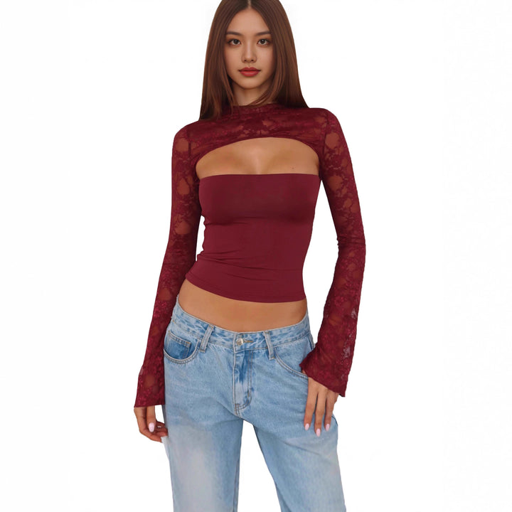 Damen Spitzenoberteil mit innovativem Cut-Out und langen Ärmeln Drune