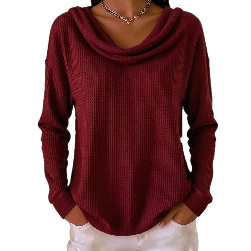 Damen Lässiger Waffelstrick-Pullover mit weitem Wasserfallkragen und gerundetem Saum Drune