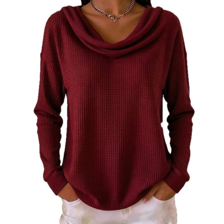 Damen Lässiger Waffelstrick-Pullover mit weitem Wasserfallkragen und gerundetem Saum Drune