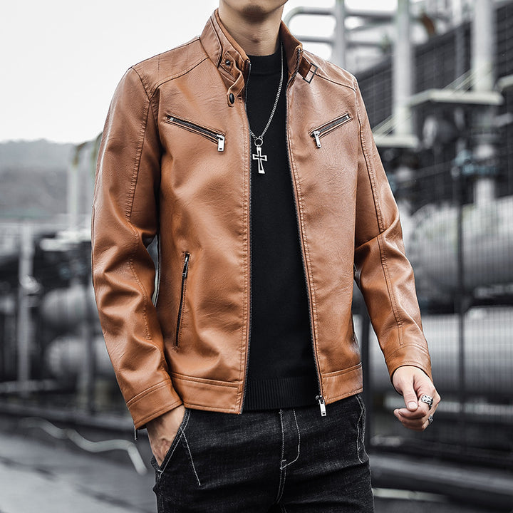 Herren Kunstleder-Motojacke im Aviator‑Stil mit Stehkragen und funktionalen Reißverschlüssen Drune
