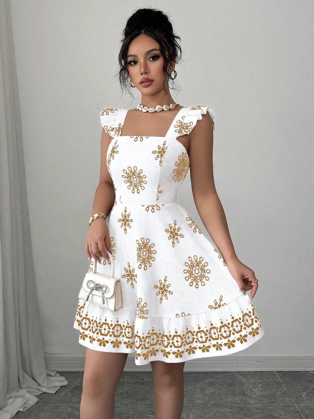 Damen Gestuftes Sommerkleid mit Quadrat-Ausschnitt, Rüschen-Trägern und bestickter A-Linie Drune