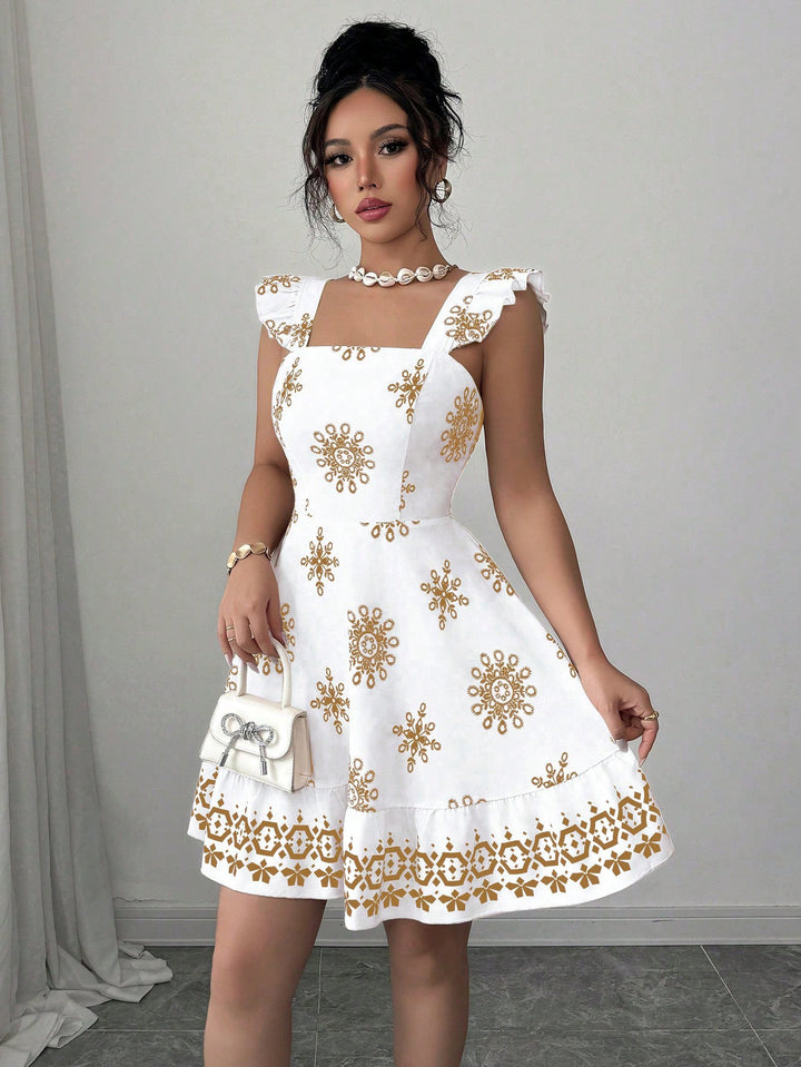 Damen Gestuftes Sommerkleid mit Quadrat-Ausschnitt, Rüschen-Trägern und bestickter A-Linie Drune
