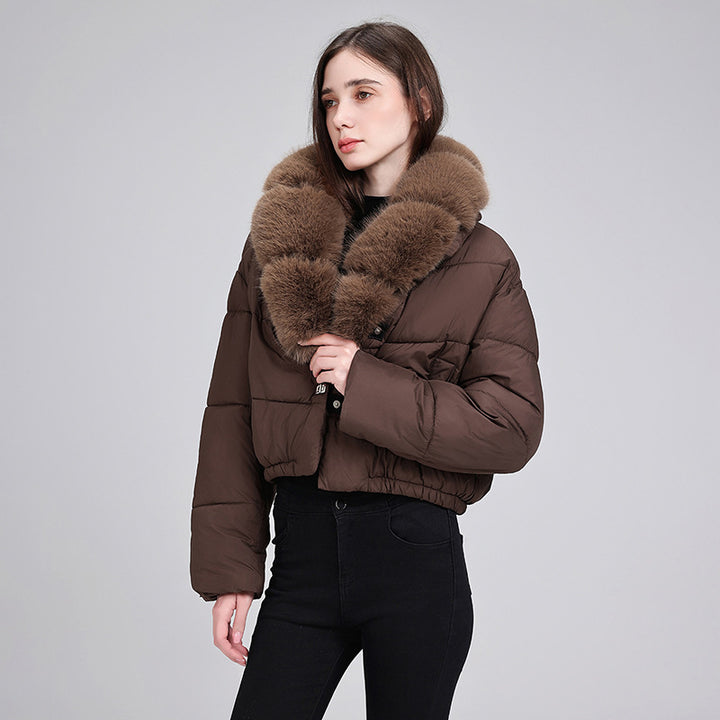 Damen nan cropped Isolationsjacke mit voluminösem Kunstpelz-Schalkragen und elastischem Saum Drune