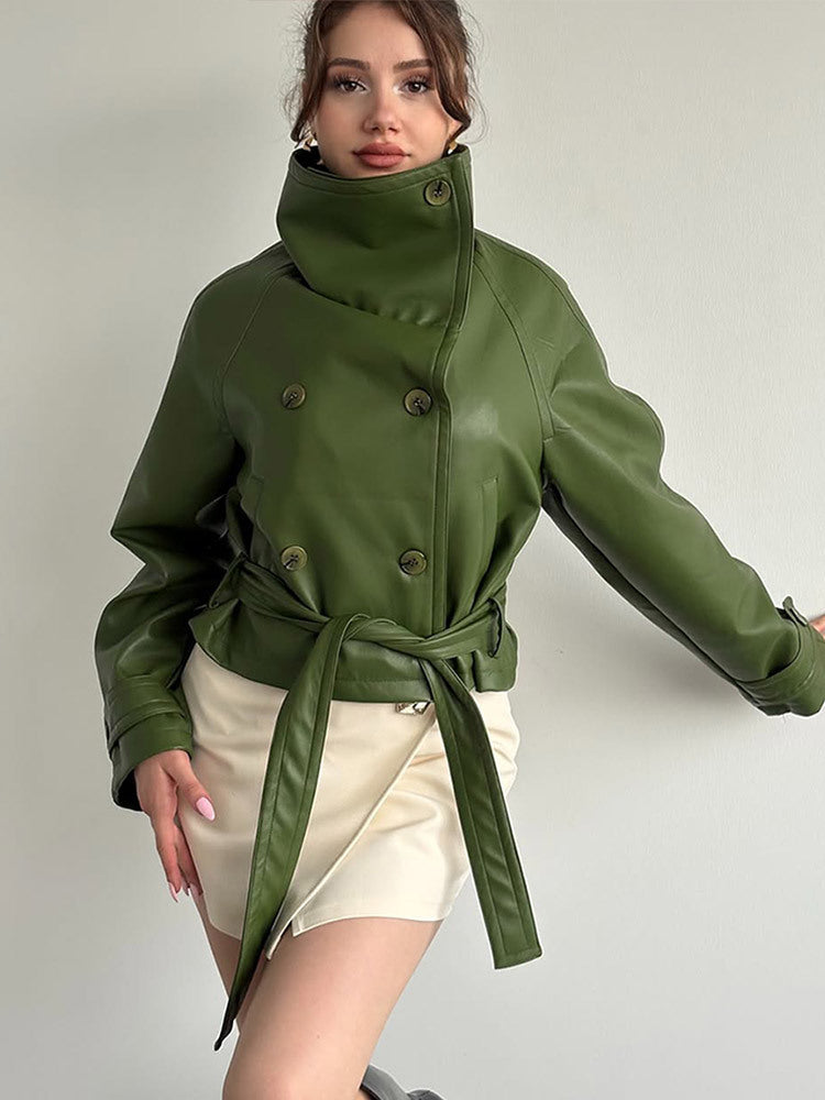 Damen Taillierte Kurzblouson‑Jacke aus Lederimitat mit hohem Stehkragen und Bindegürtel Drune