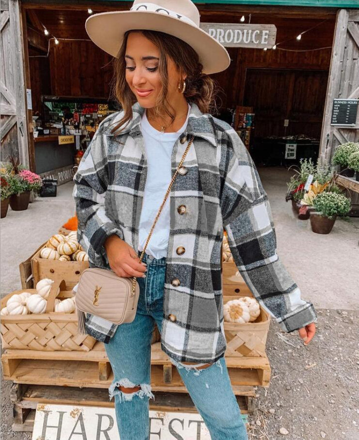 Damen lässige karierte Flanelljacke mit Knopfdetails Drune