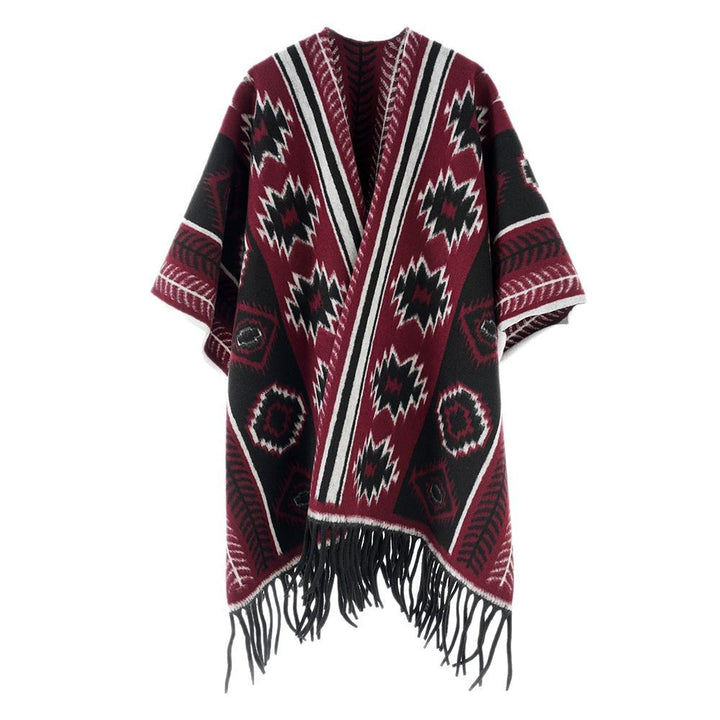 Damen Ethno-Jacquard-Poncho mit Fransen und offenem Oversize-Fall Drune