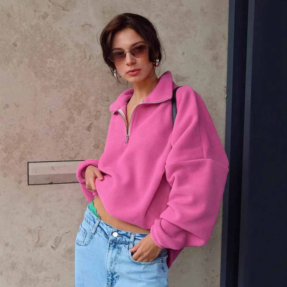 Damen lässiger Fleece-Pullover mit halbem Reißverschluss und oversized Schnitt Drune