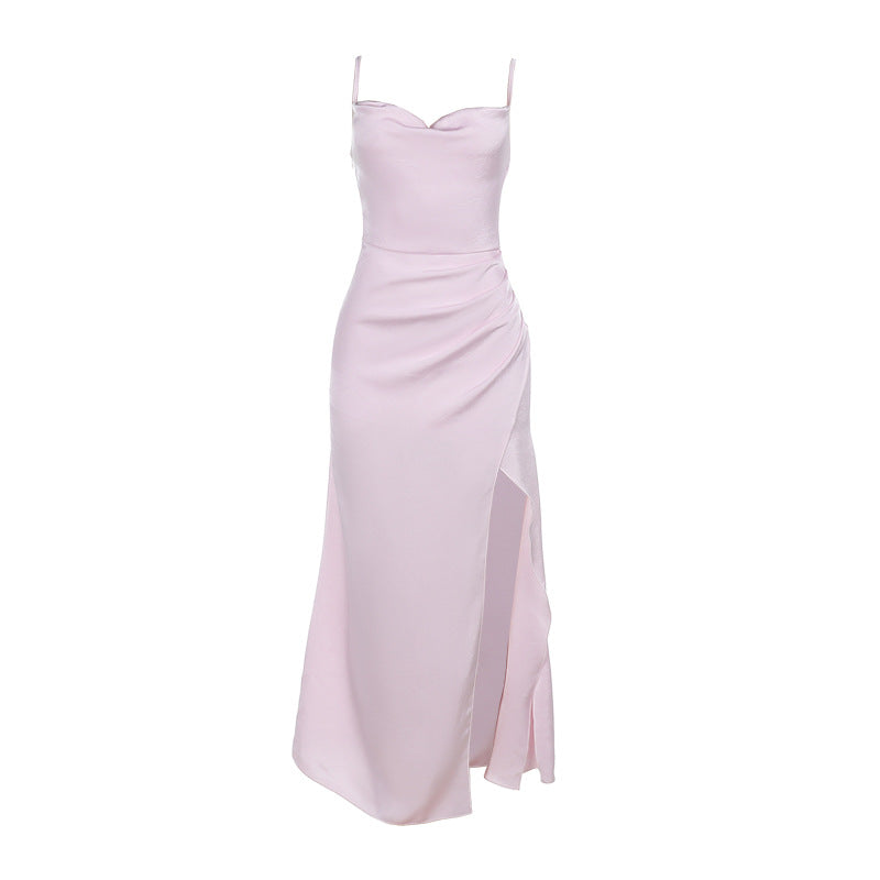 Damen Satin-Maxikleid mit elegantem Stehkragen und seitlichem Schlitz Drune