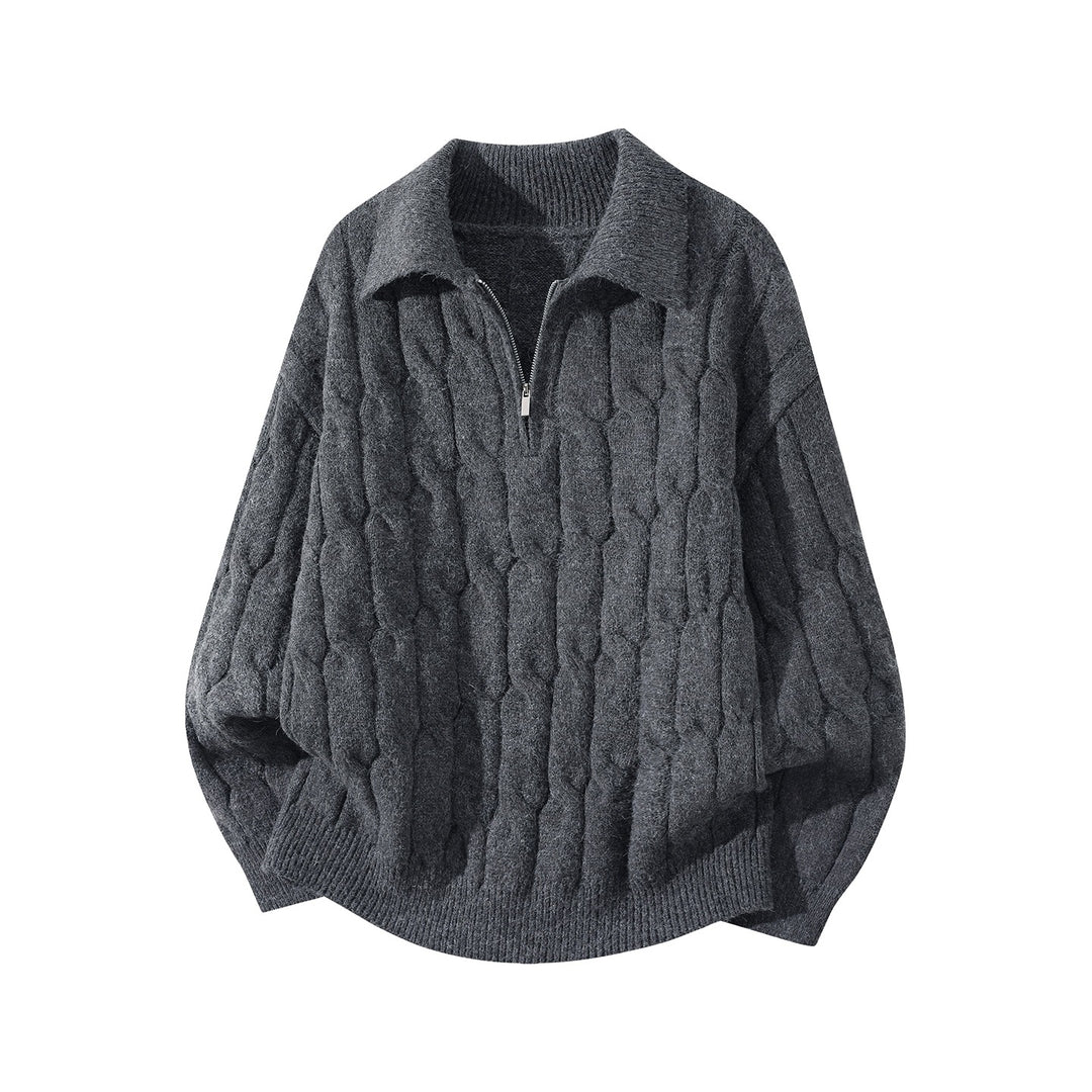 Unisex Oversize Zopfstrickpullover mit Halbreißverschluss und Hemdkragen Drune