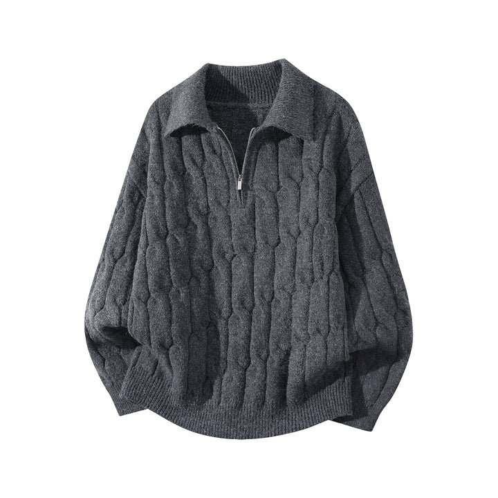 Unisex Oversize Zopfstrickpullover mit Halbreißverschluss und Hemdkragen Drune