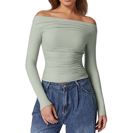 Damen Schulterfreies tailliertes Stretch-Longsleeve mit Raffung und figurbetonter Silhouette Drune