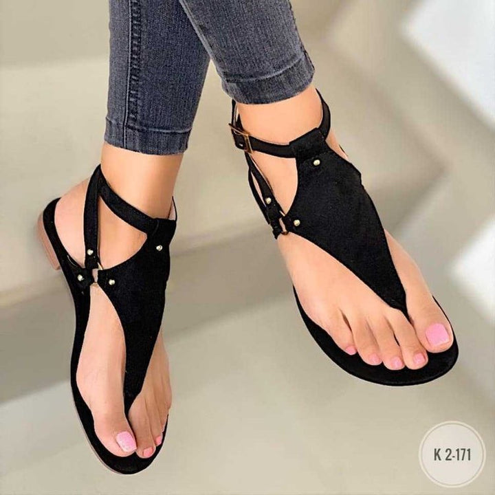 Damen T‑Riemen Sandalen mit Knöchelriemen, Veloursoptik und flacher Komfortsohle Drune