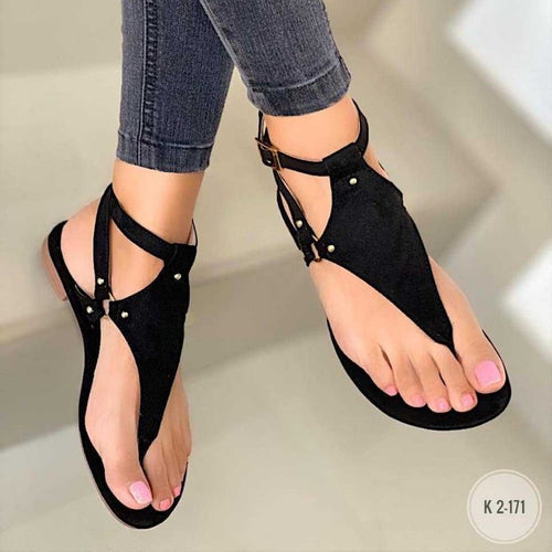 Damen T‑Riemen Sandalen mit Knöchelriemen, Veloursoptik und flacher Komfortsohle Drune