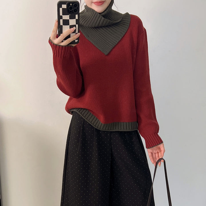 Damen lässiger Strickpullover mit Rippstruktur und Kontrastdetails Drune