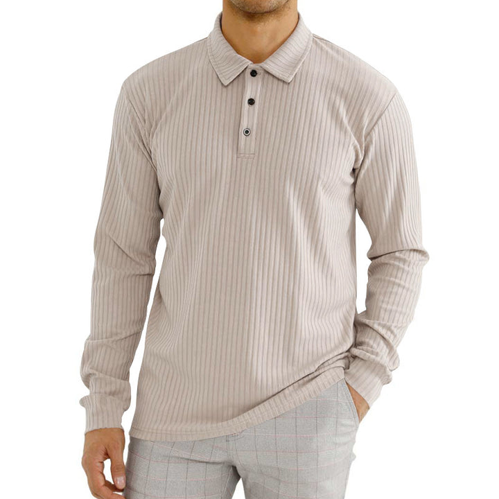 Herren nan geripptes Langarm-Poloshirt mit feiner Rippenstruktur, klassischem Kragen und elastischem Saum Drune