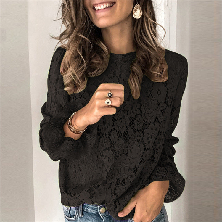 Damen Spitzenoberteil mit elegantem Blumenmuster und langen Ärmeln Drune