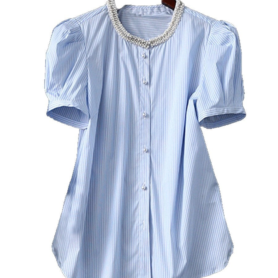 Damen Gestreifte Bluse mit perlenbesetztem Rundhals, verdeckter Knopfleiste und extra langen Manschetten Drune