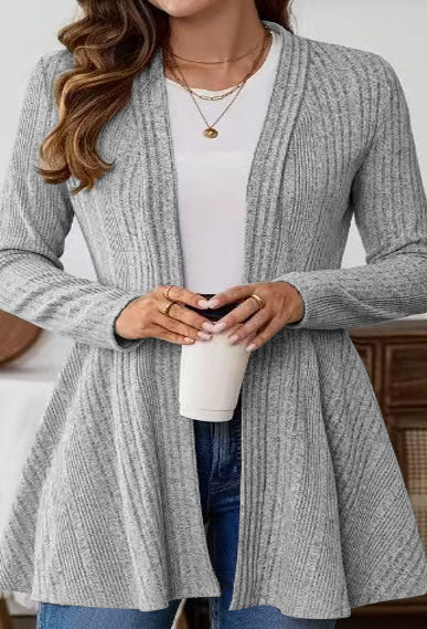 Damen Offener Gerippter Longcardigan mit ausgestelltem Saum Drune
