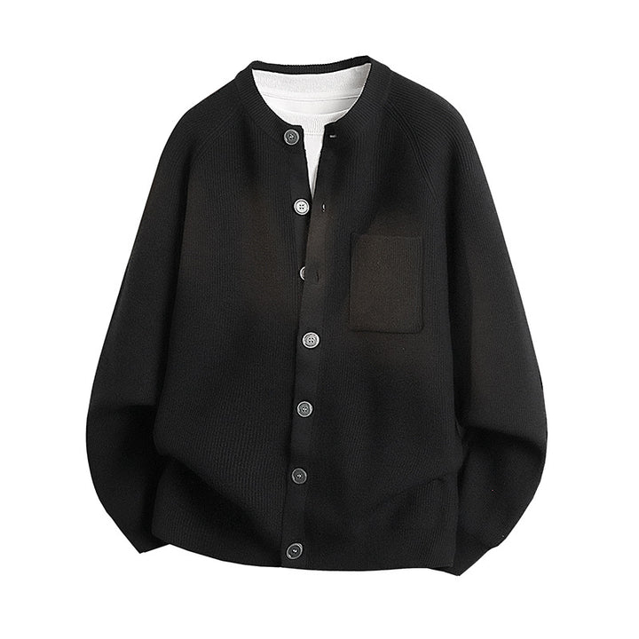 Unisex Leichter Feinstrick-Cardigan mit Rundhalsausschnitt, Brusttasche und Raglanärmeln Drune