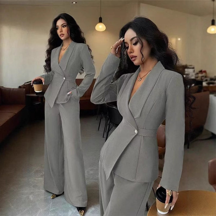 Damen tailliertes Hosenanzug-Set mit asymmetrischem Blazer und weitem Bein Drune