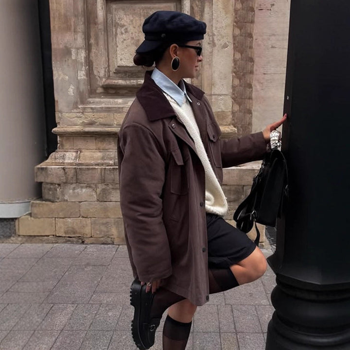 Damen Boxy-Utility-Kurzmantel mit kontrastkragen und aufgesetzten Pattentaschen Drune