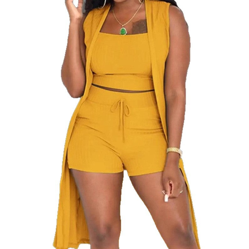 Damen lässiges 3-teiliges Set bestehend aus Crop-Top, Shorts und langem Cardigan Drune