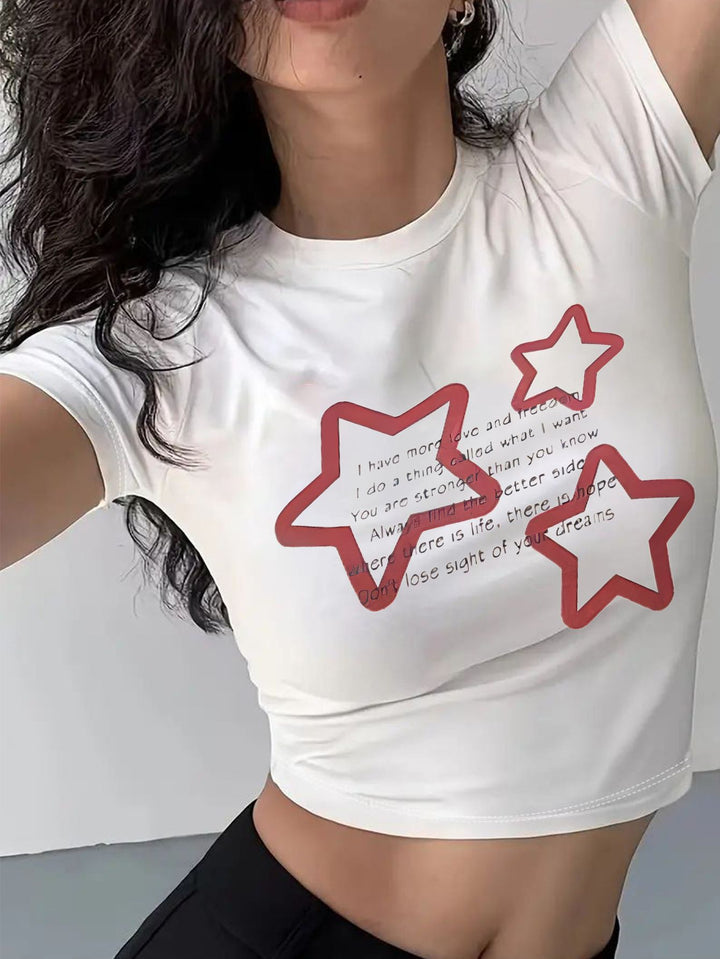 Damen Crop-T-Shirt mit animalistischem Lippenmotiv und auffälligem Schriftzug Drune