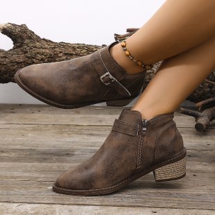 Damen Kurzschaft‑Ankle‑Boots mit seitlichem Reißverschluss, Zier­schnalle und geflochtener Keil‑Optik Drune