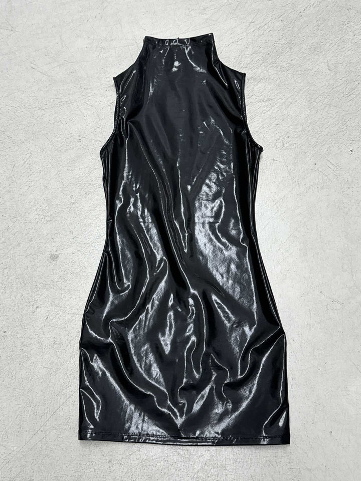 Damen figura betontes Kunstlederkleid mit langen Ärmeln Drune