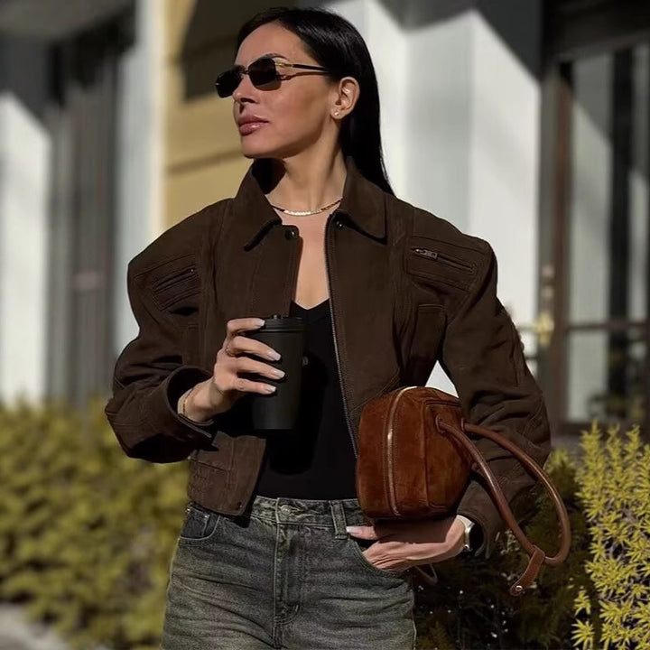 Damen modische Übergangsjacke mit seitlichen Taschen und hohem Kragen Drune