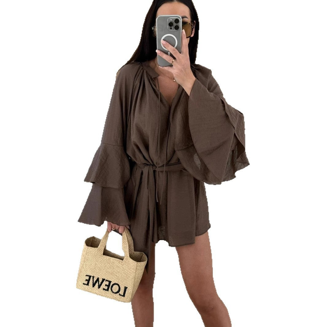 Damen Luftiges Kaftan-Oberteil mit weiten Ärmeln und Taillengürtel Drune