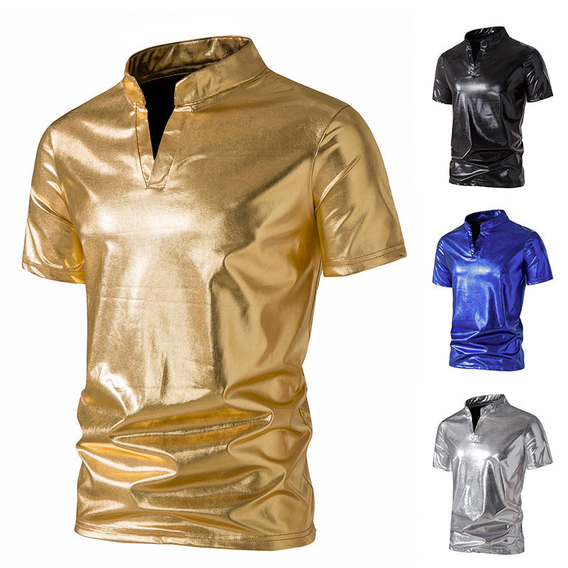 Herren modisches Metallic-T-Shirt mit hohem Kragen und kreativem Schnitt Drune