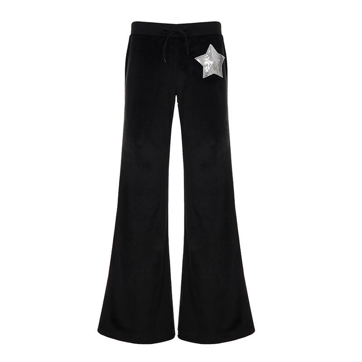 Damen Weite Velours-Sweatpants mit Kordelzug, ausgestelltem Bein und Pailletten-Stern Drune