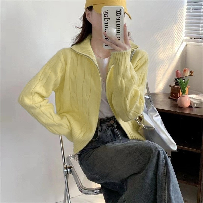 Damen Strickjacke mit Reißverschluss und Kordelzug Drune