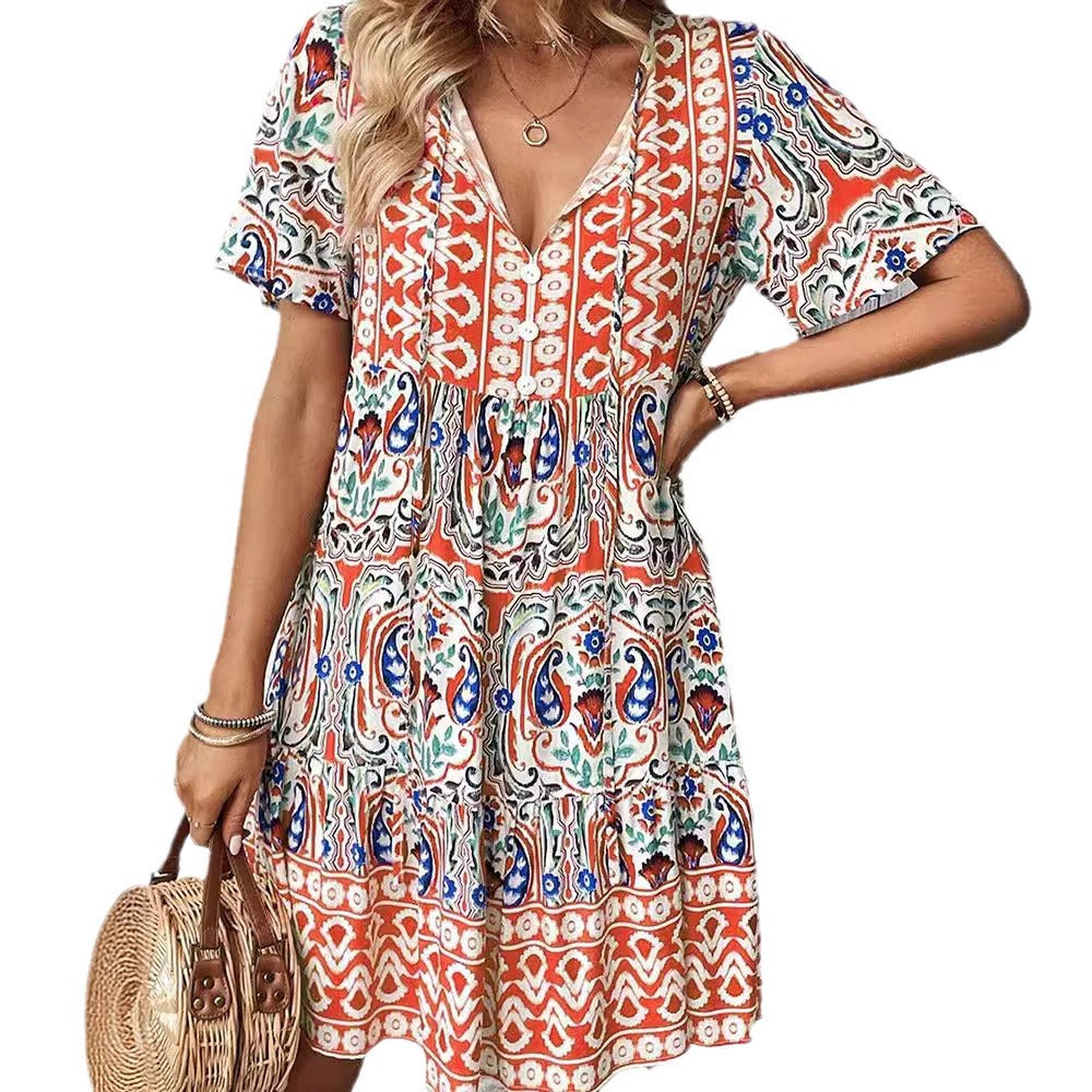 Damen Lockeres Stufen‑Midikleid mit V‑Ausschnitt, Quastenbindeband und Boho‑Print Drune