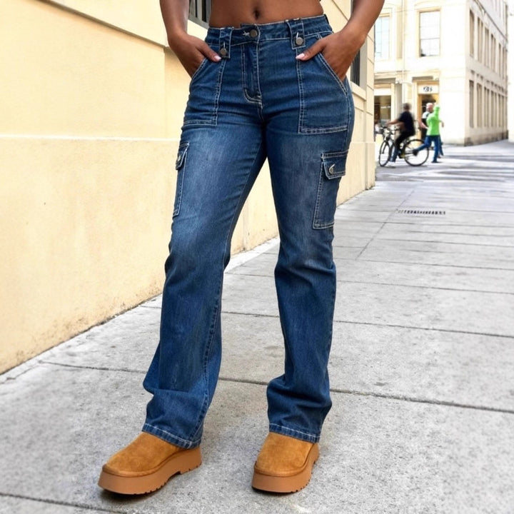 Damen Hochtaillierte Cargo-Denim-Jeans mit geradem Bein und aufgesetzten Klappentaschen Drune