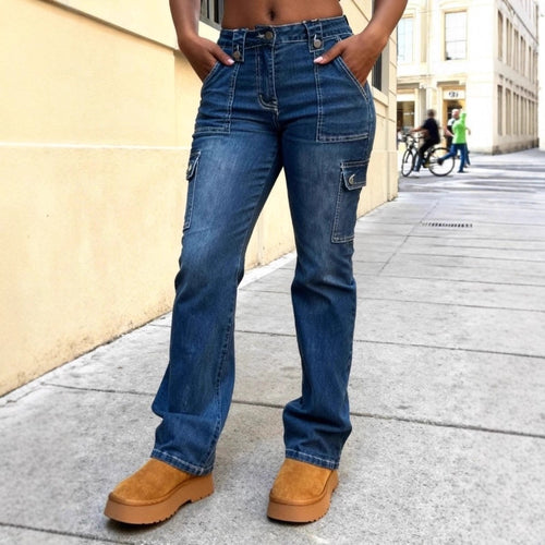 Damen Hochtaillierte Cargo-Denim-Jeans mit geradem Bein und aufgesetzten Klappentaschen Drune