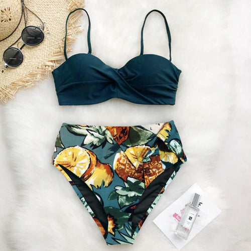 Damen Hochtailliertes Bikini-Set mit Raffungen und floralem Design Drune