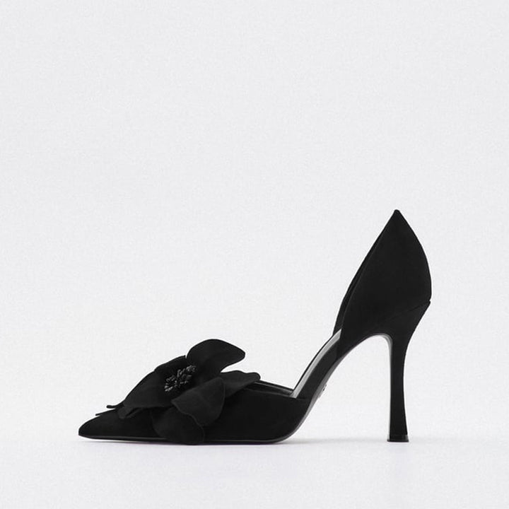 Damen Spitz zulaufende Abend‑D'Orsay‑Pumps mit handgefertigter 3D‑Blütenapplikation und sculpted Stiletto Drune